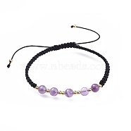 Adjustable Natural Amethyst Braided Bead Bracelets, Nylon Cord Square Knot Bracelet, with Brass Findings, Golden, 2 inch(5.2cm)(BJEW-JB04599-04)