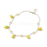Resin Lemon Pendant Necklace with Glass Beaded Flower Chains for Women, Yellow, 16.26  inch(41.3cm)(NJEW-TA00057)
