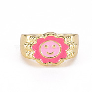 Alloy Enamel Wide Band Rings, Cadmium Free & Lead Free, Light Gold, Textured, Flower with Smiling Face, Pearl Pink, US Size 7 3/4(17.9mm)(RJEW-N034-007A-RS)