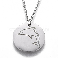 304 Stainless Steel Pendant Necklaces, with Lobster Claw Clasps, Flat Round with Dolphin, Stainless Steel Color, 17-1/2 inch(44.5cm)(NJEW-Z006-01P)