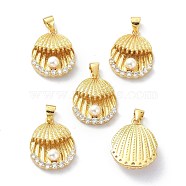 Brass Clear Cubic Zirconia Pendants, Long-Lasting Plated, with Acrylic Pearl Beads, Shell, Lead Free & Cadmium Free, Real 18K Gold Plated, 19.5x15.5x6mm, Hole: 3.5x4mm(KK-B047-18G)