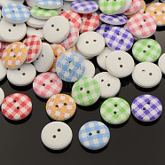 2-Hole Flat Round Tartan Pattern Printed Wooden Sewing Buttons, Dyed, Mixed Color, 15x4mm, Hole: 1mm(BUTT-M006-M)