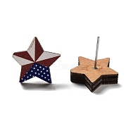 Independence Day Wood Stud Earrings, with 304 Stainless Steel Pins, Star, 15x15.5mm(EJEW-D108-01E)