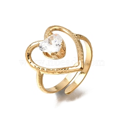 304 Stainless Steel Cubic Zirconia Cuff Open Rings, Heart, Golden, US Size 7 1/2(17.7mm)(SA-CBA54F2-03C-G)
