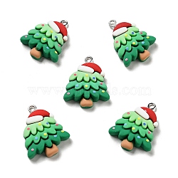 Christmas Opaque Resin Pendants, with Platinum Tone Iron Loops, Christmas Tree with Hat Charm, Sea Green, 28.5x22x6.5mm, Hole: 2x2.8mm(X-RESI-G043-B03)