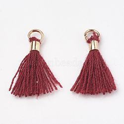 Polycotton(Polyester Cotton) Tassel Pendant Decorations, Mini Tassel, with Brass Findings, Light Gold, Brown, 10~15x3~4mm, Hole: 2mm(FIND-S275-20G)