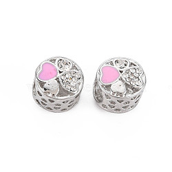 Rack Plating Alloy Enamel European Beads, with Crystal Rhinestone, Large Hole Beads, Cadmium Free & Nickel Free & Lead Free, Flat Round with Heart, Platinum, Pearl Pink, 11x9mm, Hole: 5mm(MPDL-N039-133-02)