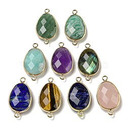 Natural Mixed Gemstone Connector Charms, Faceted Teardrop Charms with Light Gold Tone Brass Edge, 31.5~32x17~17.5x6.5~7mm, Hole: 2.2mm(G-H304-08KCG)