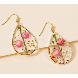 Teardrop Alloy Resin Dangle Earrings, with Dried Flower, Golden, Hot Pink, 40x18mm(FS-WG72C44-04)