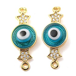 Brass Micro Pave Clear Cubic Zirconia Connector Charms, with Lampwork, Evil Eye with Star, Real 18K Gold Plated, Turquoise, 28~29x11~11.5x4.5~5mm, Hole: 1.5mm(KK-K338-04G-01)