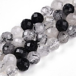 Natural Tourmalinated Quartz Beads Strands, Round with Faceted, 5.6~6.5mm, Hole: 0.8mm, about 32~33pcs/strand, 7.60~7.83''(19.3~19.9cm)(G-S345-6mm-30)