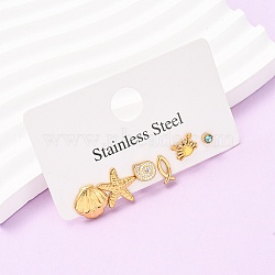6Pcs Ocean Series 304 Stainless Steel Stud Earrings, with Rhinestone & Enamel, Ion Plating(IP), Real 18K Gold Plated, 7~13.5x4~14mm(EJEW-K268-91G)