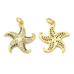 Brass Micro Pave Cubic Zirconia Pendants, Starfish, Real 18K Gold Plated, 20x18x2.5mm, Hole: 3mm(KK-P236-13G)