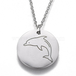 304 Stainless Steel Pendant Necklaces, with Lobster Claw Clasps, Flat Round with Dolphin, Stainless Steel Color, 17-1/2 inch(44.5cm)(NJEW-Z006-01P)