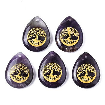 Natural Amethyst Pendants, Teardrop with Tree of Life Pattern, 32~33.5x25~26x6.5~7.5mm, Hole: 2mm, 6pcs/bag