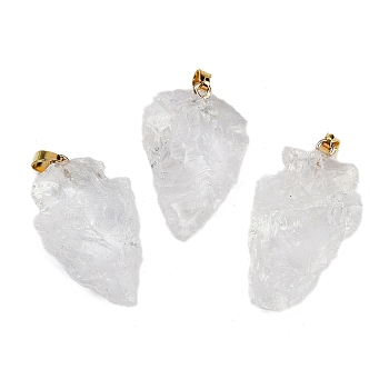 Raw Rough Natural Quartz Crystal Pendants, Rock Crystal Arrow Head Charms with Stainless Steel Snap on Bails, Golden, 31~39.5x19~25x8~14.5mm, Hole: 2.5x3.5mm