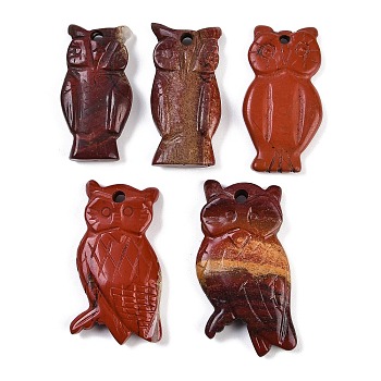 Natural Red Jasper Owl Carved Pendants, Animal Charms, 36.5~44x18.5~26x7~8.5mm, Hole: 3mm