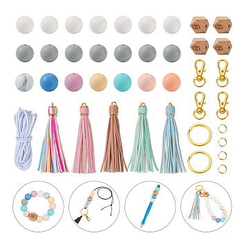 DIY Keychain Wristlet Making Kit, Including Alloy Key Rings & Lobster Claw Clasps, Wood Octagon with Eye & Silicone Round Bead, Polyester Elastic Cord, PU Leather Big Tassel Pendants, Mixed Color, 111Pcs/bag