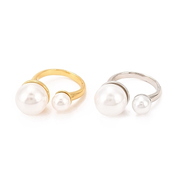 Brass Cuff Ring, with Shell Pearl Round Beads, Long-Lasting Plated, Mixed Color, US Size 6(16.5mm)