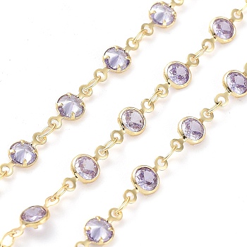 Handmade Lilac Glass Flat Round Link Chains, with Brass Findings, with Spool, Soldered, Real 18K Gold Plated, 10x4.5x2mm, about 16.40 Feet(5m)/Roll
