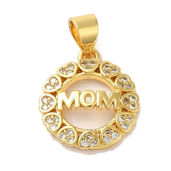 Brass Micro Pave Clear Cubic Zirconia Pendants, Round with Word MOM, Real 16K Gold Plated, 15.5x14x3mm, Hole: 4.5x3.5mm