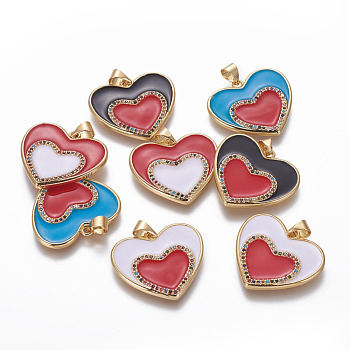 Brass Enamel Pendants, with Cubic Zirconia, Heart, Golden, Mixed Color, 21x24x2mm, Hole: 4x3.5mm