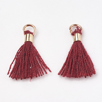 Polycotton(Polyester Cotton) Tassel Pendant Decorations, Mini Tassel, with Brass Findings, Light Gold, Brown, 10~15x3~4mm, Hole: 2mm