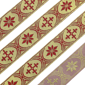 Ethnic Style Polyester Jacquard Ribbon, Garment Accessories, Flower & Cross Pattern, Red, 1-1/4 inch(33mm)