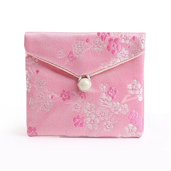 Cloth Embroidery Flower Jewelry Storage Pouches Envelope Bags, for Bracelets, Necklaces, Rectangle, Pearl Pink, 7x8cm