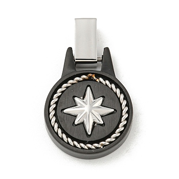 304 Stainless Steel Pendants, Flat Round with Star Charm, Black & Stainless Steel Color, 22x16.5x5mm, Hole: 4x3mm