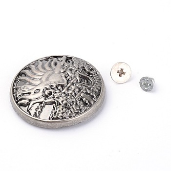 Alloy & Iron Craft Solid Screw Rivet, DIY Leather Craft Nail, Flat Round with Dragon, Antique Silver, 30x8mm, Hole: 2mm, Screw: 5x3mm and 7x3.5mm