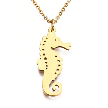 201 Stainless Steel Pendant Necklaces, with Cable Chains, Seahorse, Golden, 17.5 inch~17.9 inch(44.5~45.5cm), 1.5mm, Seahorse: 30x13x1mm