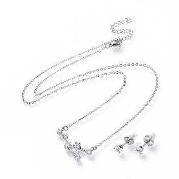 304 Stainless Steel Jewelry Sets, Brass Micro Pave Cubic Zirconia Pendant Necklaces and 304 Stainless Steel Stud Earrings, with Ear Nuts/Earring Back, Twelve Constellations, Clear, Taurus, 465x1.5mm