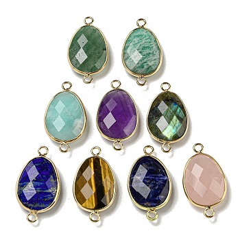 Natural Mixed Gemstone Connector Charms, Faceted Teardrop Charms with Light Gold Tone Brass Edge, 31.5~32x17~17.5x6.5~7mm, Hole: 2.2mm