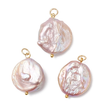 Natural Baroque Pearl Keshi Pearl Pendants, Flat Round Charms with Brass Loops and 304 Stainless Steel Open Jump Rings, Thistle, Golden, 23~24x18.5~19.5x6~7mm, Hole: 3mm