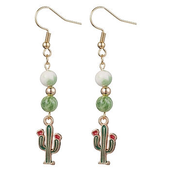 Real 18K Gold Plated Alloy Enamel Dangle Earrings, with Natural Dyed White Jade Round Beaded, cactus, 57x10mm