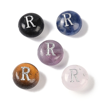 Natural Mixed Gemstone Beads, Flat Round with Letter, Letter R, 8.5~9x5~5.5mm, Hole: 1.2mm