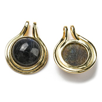 Natural Labradorite Pendants, with Brass Findings, Cadmium Free & Lead Free, Flat round, Golden, 28~28.5x22x7.5mm, Hole: 4X2.5mm