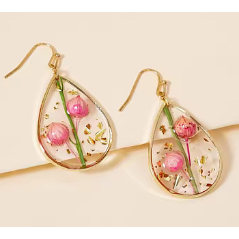 Teardrop Alloy Resin Dangle Earrings, with Dried Flower, Golden, Hot Pink, 40x18mm