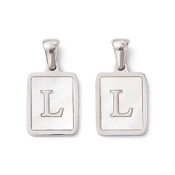 304 Stainless Steel Pave Shell Pendants, Rectangle Charm, Stainless Steel Color, Letter L, 17.5x12x1.5mm, Hole: 3x5mm