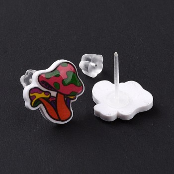 Acrylic Cartoon Mushroom Stud Earrings with Platic Pins for Women, Colorful, 12.5x12mm, Pin: 0.9mm