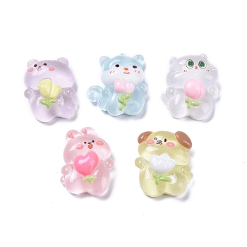 Luminous Cute Animal Translucent Resin Decoden Cabochons, Glow in the Dark Rabbit & Dog & Cat Shape, Mixed Shapes, Mixed Color, 22~23x16~20x9.5~10.5mm