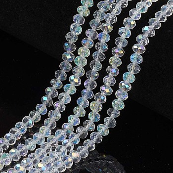 Electroplate Glass Beads Strands, Half Rainbow Plated, Faceted, Rondelle, Clear, 6x5mm, Hole: 1mm, about 85~88pcs/strand, 16.1~16.5 inch(41~42cm)