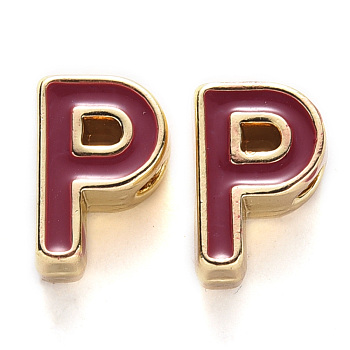 Rack Plating Alloy Enamel Beads, Cadmium Free & Nickel Free & Lead Free, Light Gold, Brown, Letter.P, P: 10x7x5mm, Hole: 1.6mm