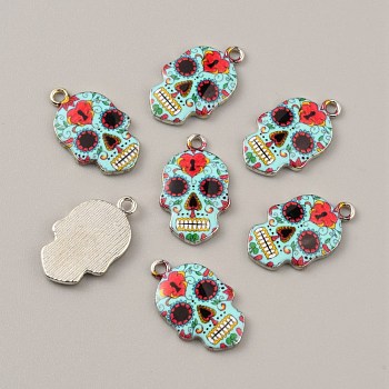 Alloy Enamel Pendants, Platinum, Skull, Pale Turquoise, 22.5x13.5x2mm, Hole: 1.8mm