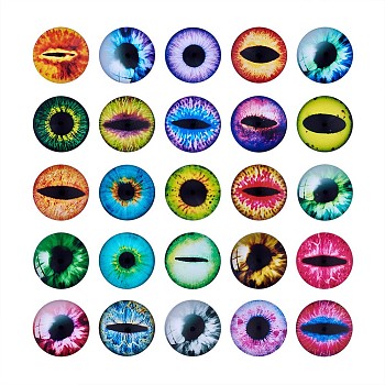 Eye Printed Glass Cabochons, Half Round/Dome, Mixed Color, 25x7mm, 90pcs/box