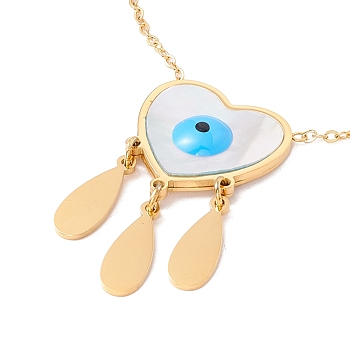 Ion Plating(IP) 304 Stainless Steel Heart with Teardrop Pendant Necklace, Evil Eye Shell Pendant with Enamel Necklace for Women, Golden, Sky Blue, 16.9 inch(42.8cm)