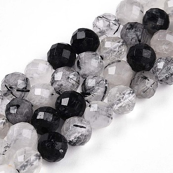 Natural Tourmalinated Quartz Beads Strands, Round with Faceted, 5.6~6.5mm, Hole: 0.8mm, about 32~33pcs/strand, 7.60~7.83''(19.3~19.9cm)