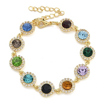 Brass Micro Pave Cubic Zirconia Link & Charm Bracelets, with Glass, Flat Round, Real 18K Gold Plated, 6 inch(15.3cm)