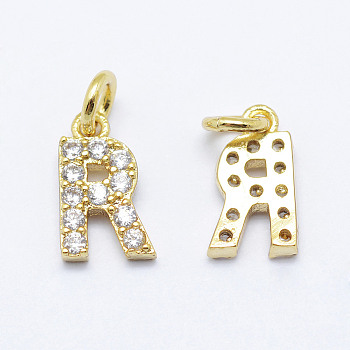 Brass Micro Pave Grade AAA Cubic Zirconia Charms, Letter R, Cadmium Free & Nickel Free & Lead Free, Real 18K Gold Plated, 9x5x1.5mm, Hole: 2mm